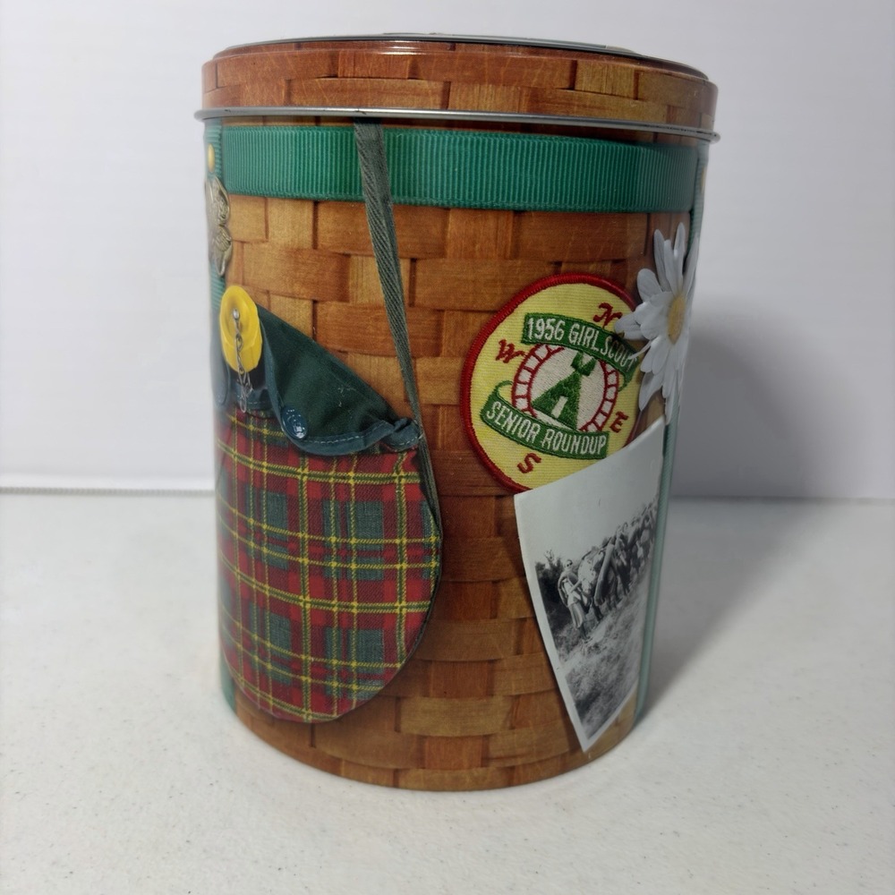Girl Scouts Faux Backpack Basket Metal Tin Container w Green Straps 6.25 inches
